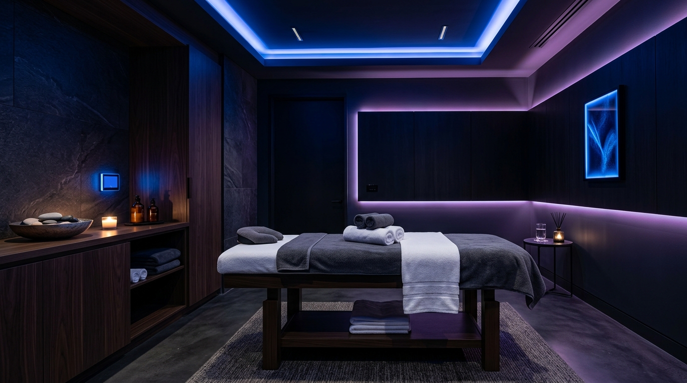 Cabina Spa Oscura con Luces Neón en Lumina Holistic Beauty